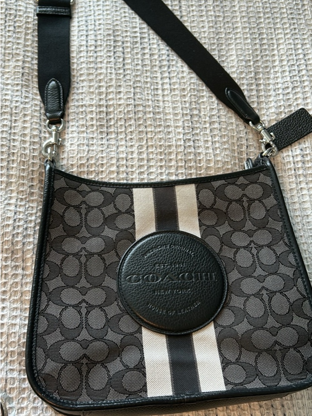 Coach Monogram Crossbody with Center Stripe - Black/Tan